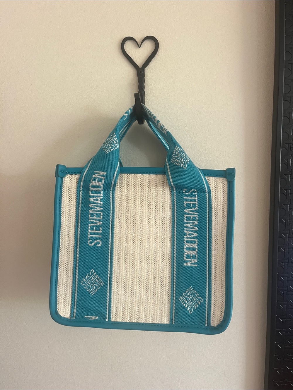 Steve Madden Teal and Cream Striped Canvas Tote